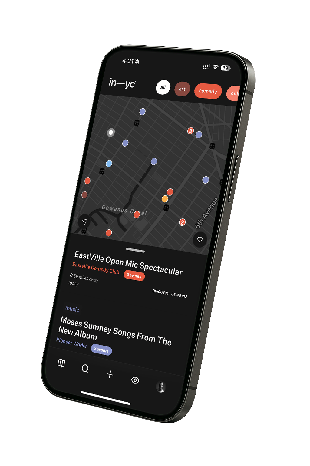 iPhone showcasing the inyc app with map view and event listings